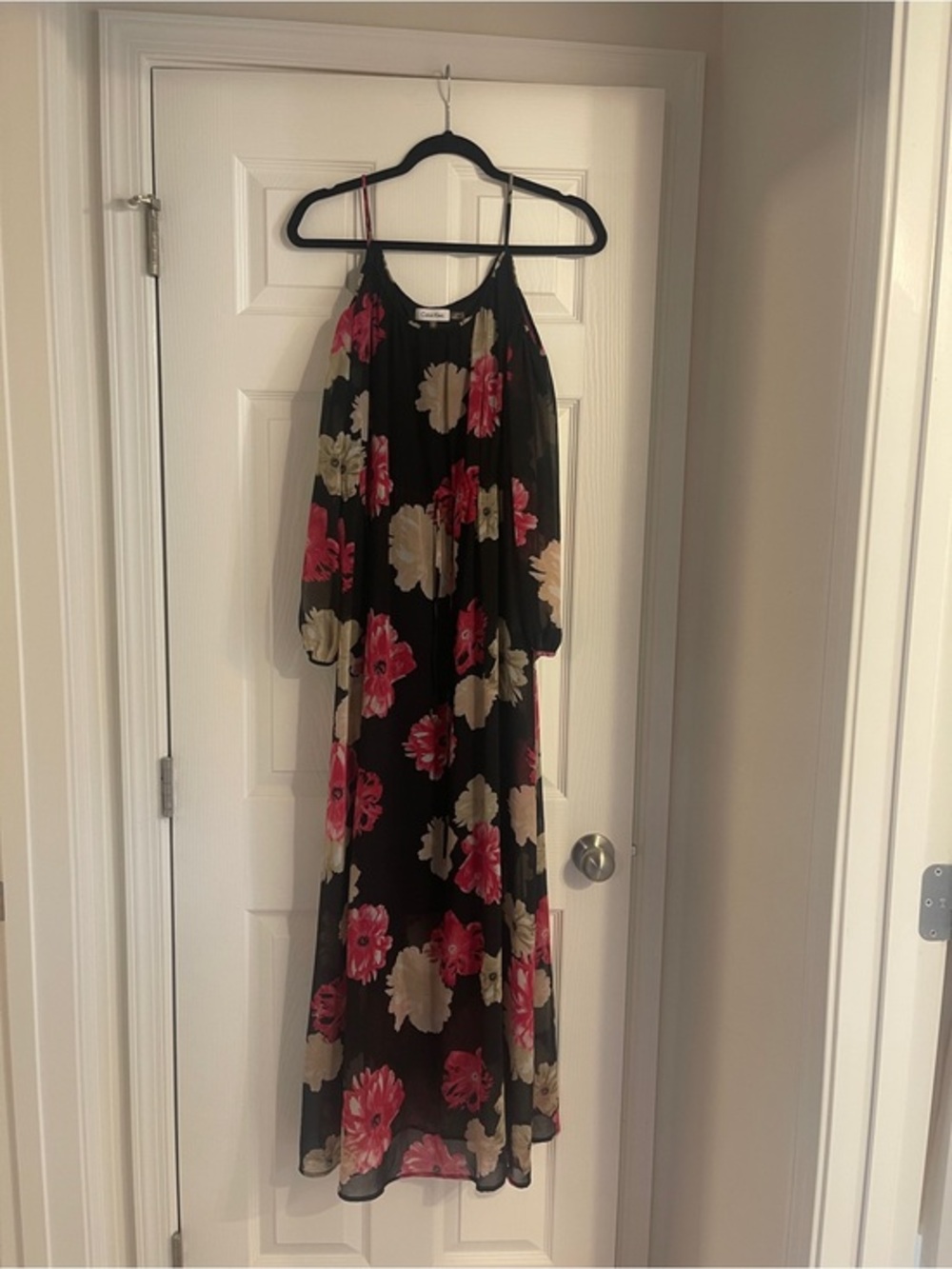 Calvin Klein Black Maxi Dress with Pink and Cream Floral Pattern